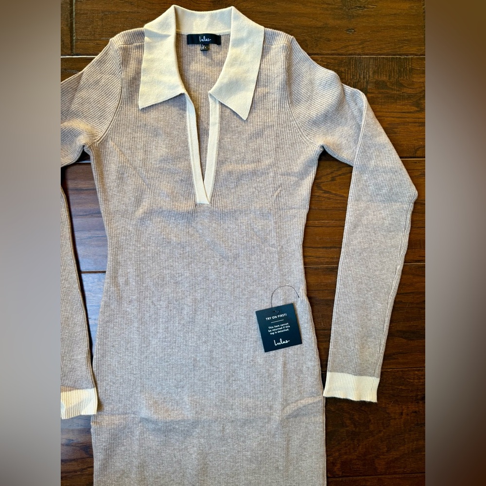 Lulus Taupe Block Midi Sweater Dress Ribbed Knit Collared Midi size L - Picture 6 of 12